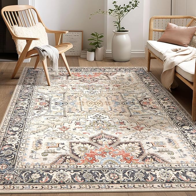 Area Rug for Living Room - 7x9 Soft Washable Oriental Vintage Floral Distressed Large Carpet - Fade Stain Resistant Non Slip Rugs for Bedroom Dining Room Nursery Dorm Office Home Decor - Multi