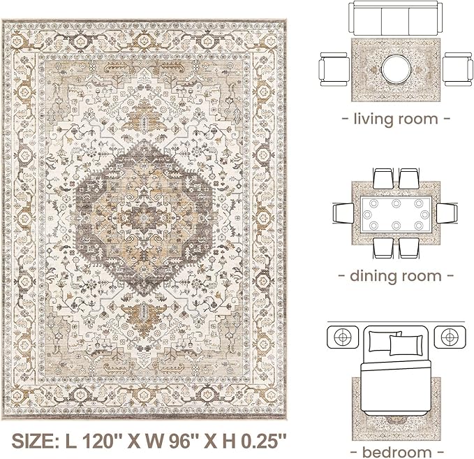 Area Rug for Living Room - 8x10 Soft Washable Oriental Vintage Floral Distressed Large Carpet - Fade Stain Resistant Non Slip Rugs for Bedroom Dining Room Nursery Dorm Office Home Decor-Camel/Beige