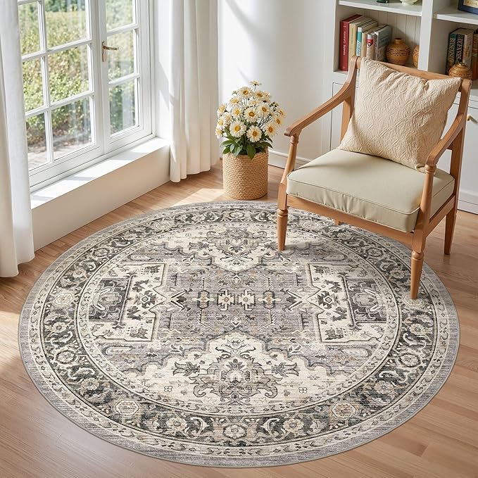 Area Rug for Living Room - 5x5 Soft Machine Washable Oriental Vintage Floral Distressed Large Indoor Floor Carpet for Bedroom Under Dining Table Home Office Decor - Brown