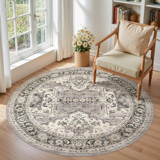 Area Rug for Living Room - 5x5 Soft Machine Washable Oriental Vintage Floral Distressed Large Indoor Floor Carpet for Bedroom Under Dining Table Home Office Decor - Brown