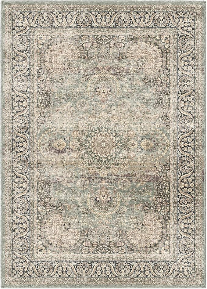 5X7 Area Rugs for Living Room - Large Washable Rugs 5x7 Vintage Rug Throw Low Pile Rug Non-Slip Distressed Carpet for Bedroom, Office, Kitchen,Entryway, Dining Room, Olive Charcoal