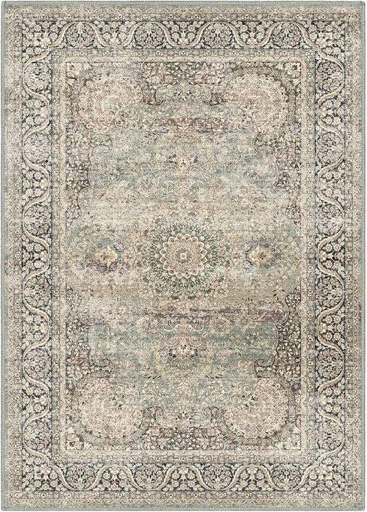 5X7 Area Rugs for Living Room - Large Washable Rugs 5x7 Vintage Rug Throw Low Pile Rug Non-Slip Distressed Carpet for Bedroom, Office, Kitchen,Entryway, Dining Room, Olive Charcoal