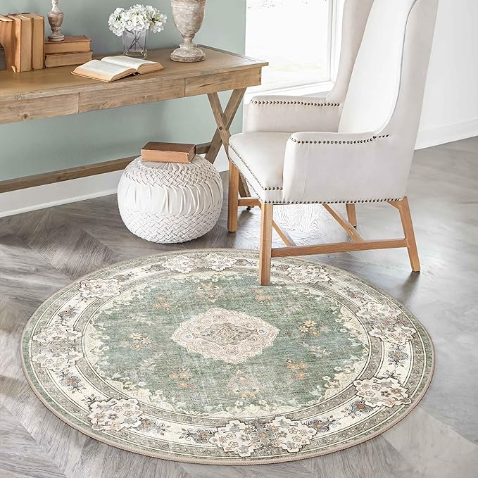 MUJOO Green Round Rug 4ft,Circle Washable Area Rugs for Bedroom Living Room Bathroom,Boho Small Non Slip Circular Carpet,Sage Floral
