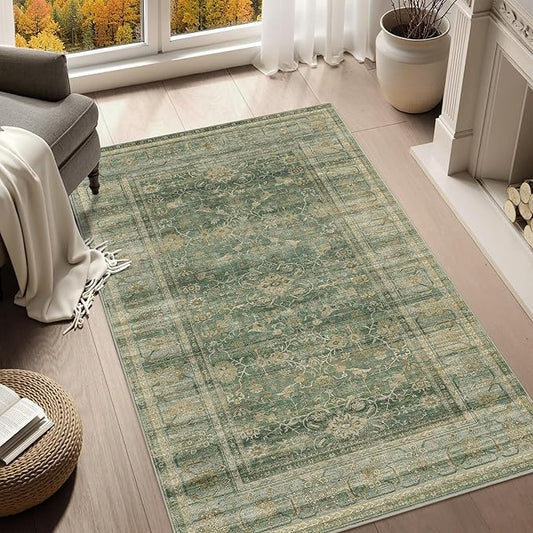 HelloTree Vintage Area Rug 4x6 Entryway Office Washable Carpet Non Slip Backing Printed Distressed Rugs for Bedroom Vintage Boho Tribal Area Rugs for Bathroom Bedroom Dining Living Room-Green