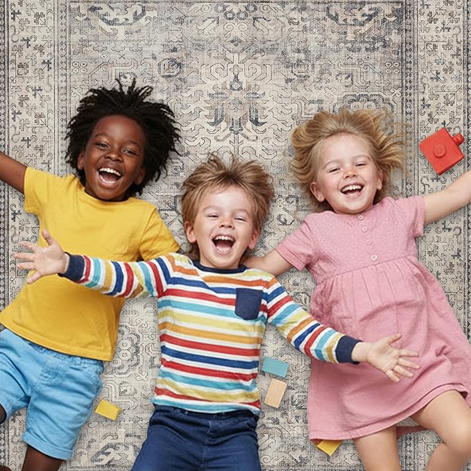 ReaLife Rugs Machine Washable Area Rug - Living Room Bedroom Bathroom Kitchen Entryway Office - Padded Low Pile Stain Resistant Premium - Boho Farmhouse Vintage - Paz - Beige Gray Ivory 2'6" x 8'