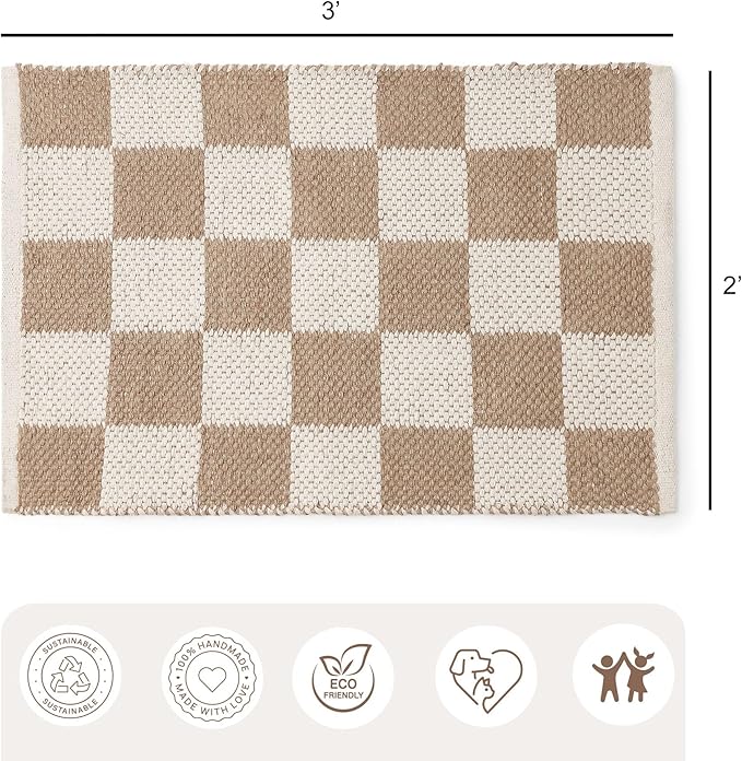 REDEARTH · Jute Cotton Area Rug, Sustainable Handwoven, Non-Shedding, Soft & Durable – Reversible, Neutral Tones for Home Décor in Living Room, Dining Room, Bedroom (Gridstone Natural, 2'x3')