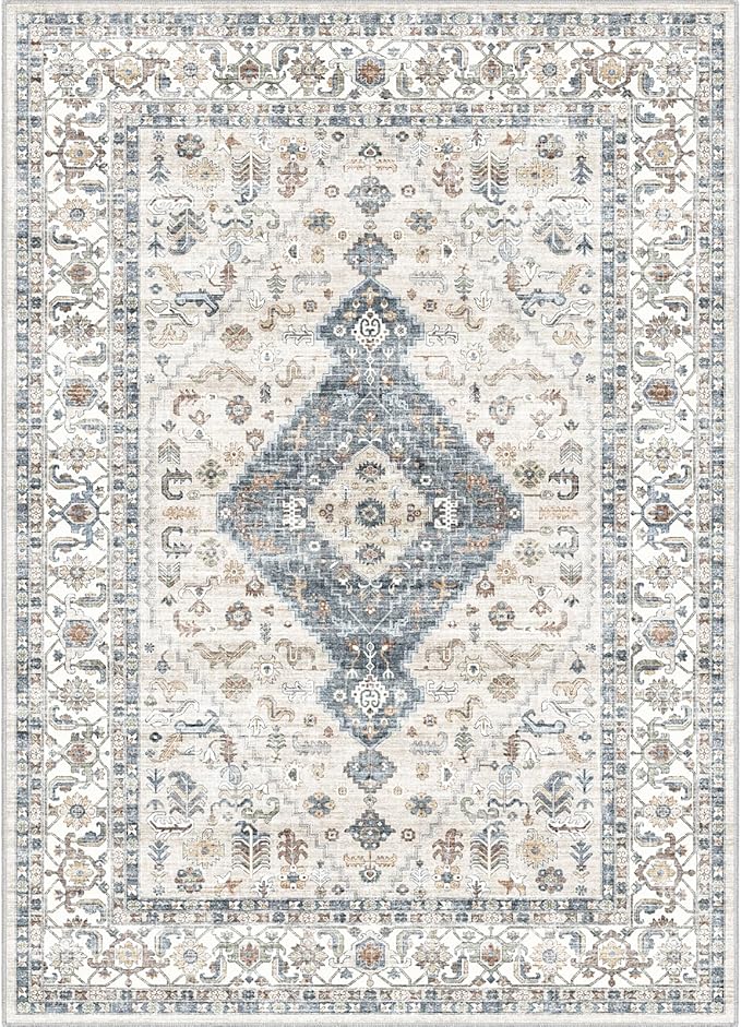 Washable Vintage Area Rug 5x7 - Soft Traditional Farmhouse Ultra-Thin Rug for Living Room, Bedroom, Dining Room and Home Office - Distressed Oriental Reto Indoor Floor Carpet Rug…