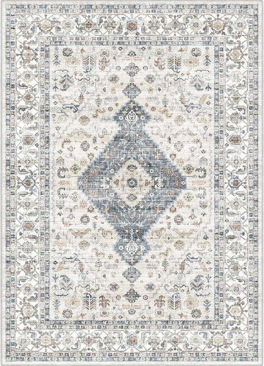 Washable Vintage Area Rug 5x7 - Soft Traditional Farmhouse Ultra-Thin Rug for Living Room, Bedroom, Dining Room and Home Office - Distressed Oriental Reto Indoor Floor Carpet Rug…
