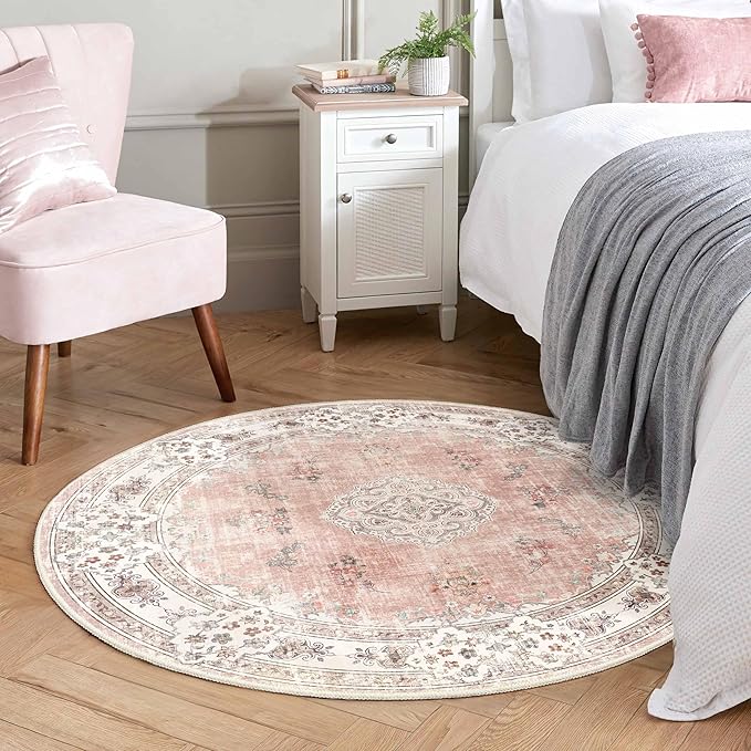 MUJOO Pink Round Rug 4ft,Circle Washable Area Rugs for Bedroom Living Room Bathroom,Boho Small Non Slip Circular Carpet,Blush Floral