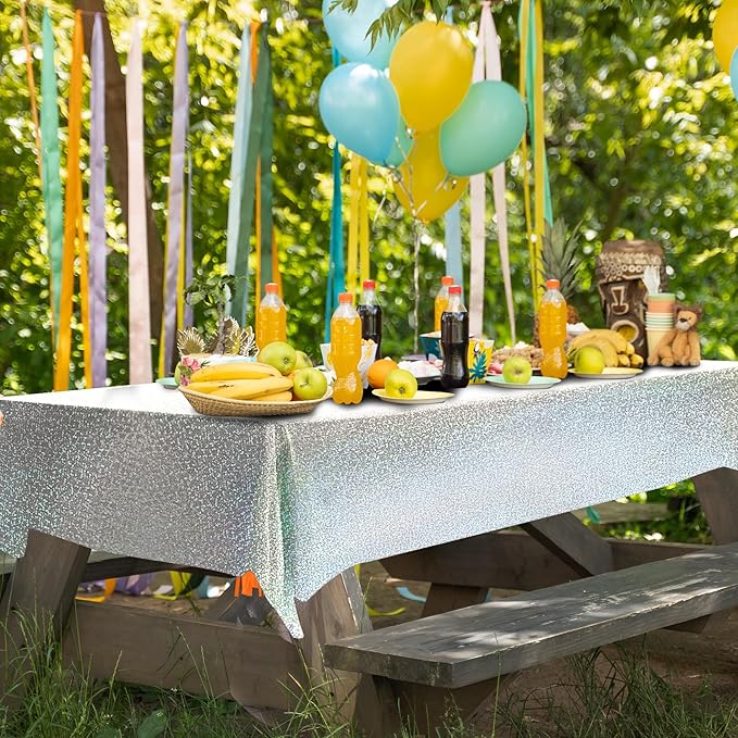 1 pcs Silver Holographic Tablecloths Shiny Disco Laser Table Cloths 40" x 108" Iridescence Plastic White Table Cover for Birthday Party Decoration Wedding Christmas Winter Grad Party Supplies