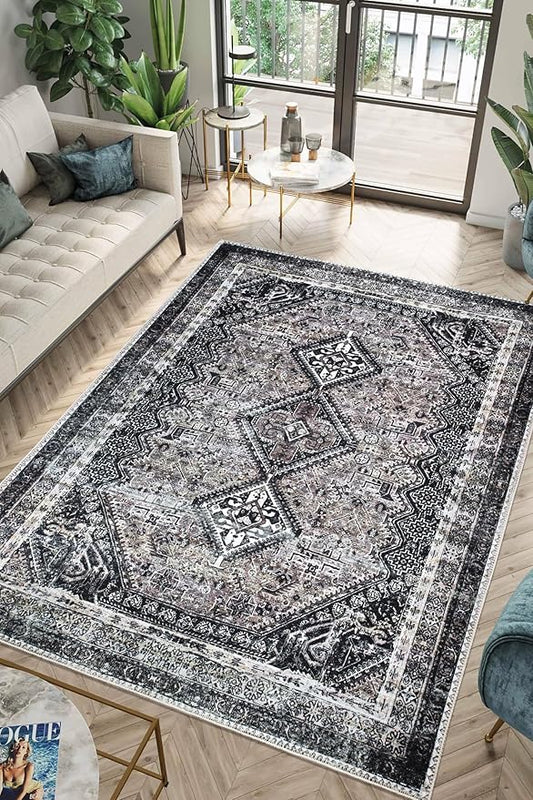 Keen Home Design 5x7 Rug - Machine Washable Area Rug with Non-Slip Backing, Ideal for Living Room, Dining Room, Bedroom - Vintage, Easy Clean, Durable, Low Pile Rug - (5' x 7')