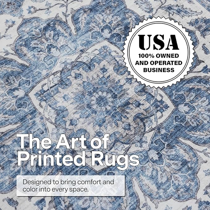 ReaLife Rugs Machine Washable Area Rug Runner - Living Room Bedroom Bathroom Kitchen Entryway Office - Padded Low Pile Stain Resistant Premium - Boho Farmhouse Vintage - Joy - Blue Ivory 2'6" x 8'