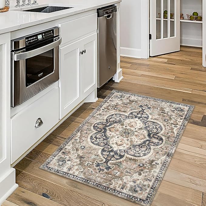 ReaLife Rugs Machine Washable Area Rug - Living Room Bedroom Bathroom Kitchen Entryway Office - Padded Crease Free Stain Resistant Premium - Boho Farmhouse Vintage- Joy - Brown Tan - 2'x 3'