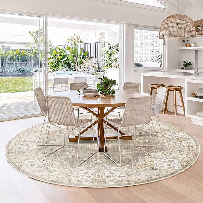 MUJOO Beige Round Rug 6ft,Circle Washable Area Rugs for Bedroom Living Room Bathroom,Boho Large Vintage Bohemian Distressed Farmhouse Non Slip Circular Carpet,Floral