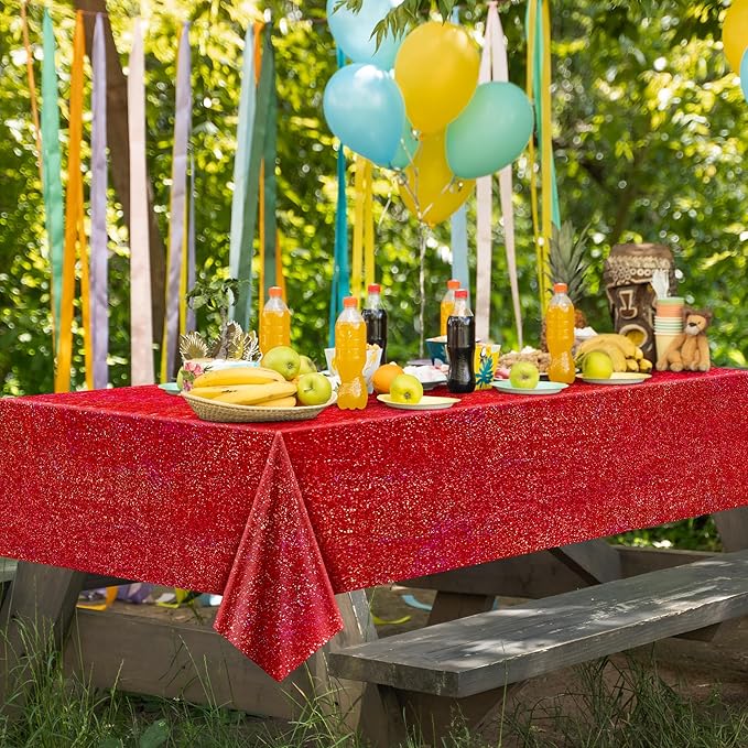 2 pcs Red Holographic Laser Tablecloths for Parties 40" x 108" Christmas Table Cloth Iridescence Shining Table Decoration For 4th July Graduation Patriotic Casino Night Theme Birthday Party Supplies
