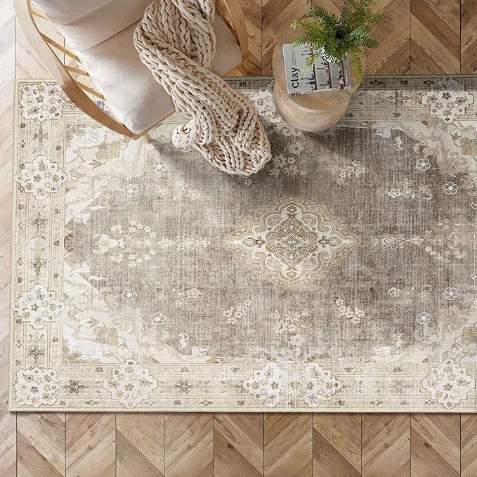 MUJOO Beige Rug 3'x5' Washable, Boho Area Rugs for Entryway Bedroom Living Room Kitchen,Small Vintage Bohemian Distressed Farmhouse Non Slip Carpet,Floral