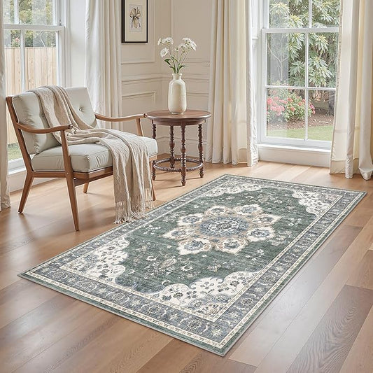 3x5 Washable Entryway Rug: Non-Slip Soft Vintage Floral Indoor Area Rug for Living Room Large Kitchen Entryway Bedroom Bedside, Door Mat Throw Carpet for Laundry Foyer Home Decor (Green)