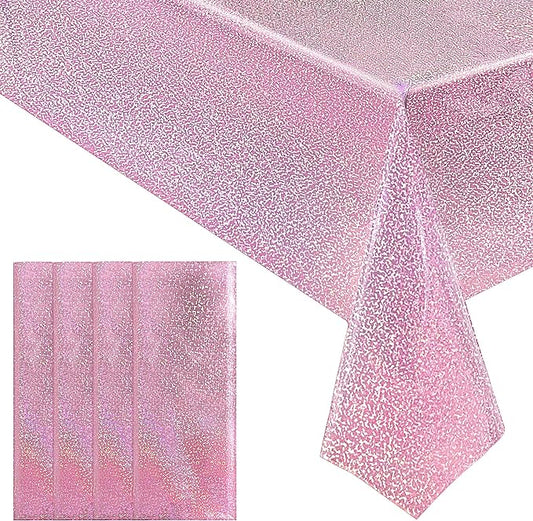 4 pcs Pale Pink Holographic Laser Tablecloths Light Pink Shiny Table Covers 40" x 108" Disposable Rectangle Table cloths for Girl Birthday Party Wedding Anniversary Bachelorette Baby Shower Décor