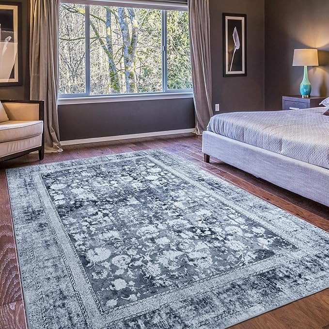 Area Rug 6×9, Large Vintage Boho Rug,Ultra-Soft Low Pile, Washable, Non Slip,Stain Resistant, Printed Carpet for Living Room Bedrooms Playroom Office Kitchen, Solid/Blue