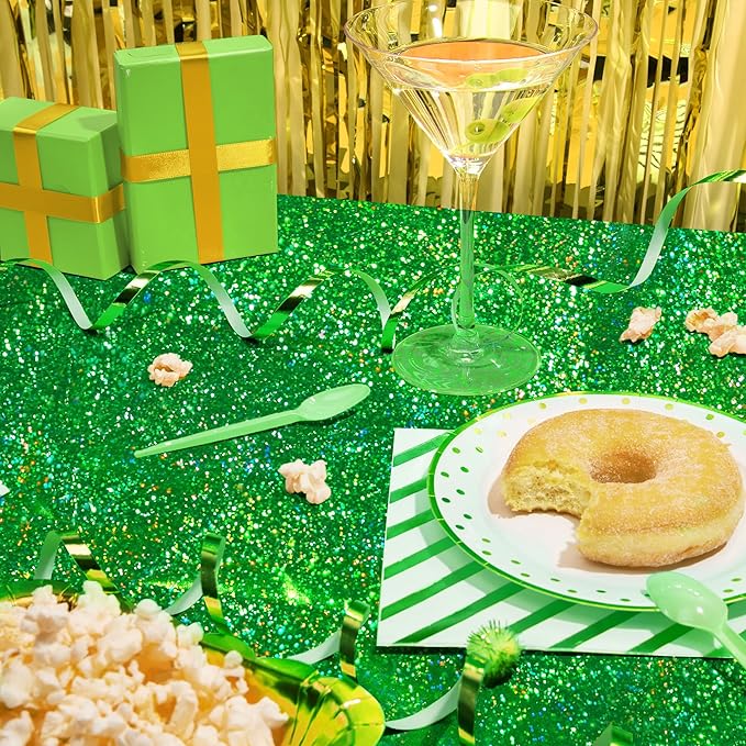 4 pcs Green Holographic Laser Tablecloth 40" x 108" Christmas Table Cloth Shimmer Shining Plastic Metallic Table Cover for Jungle Safari Wild One Baby Shower Birthday Party Decoration Supplies