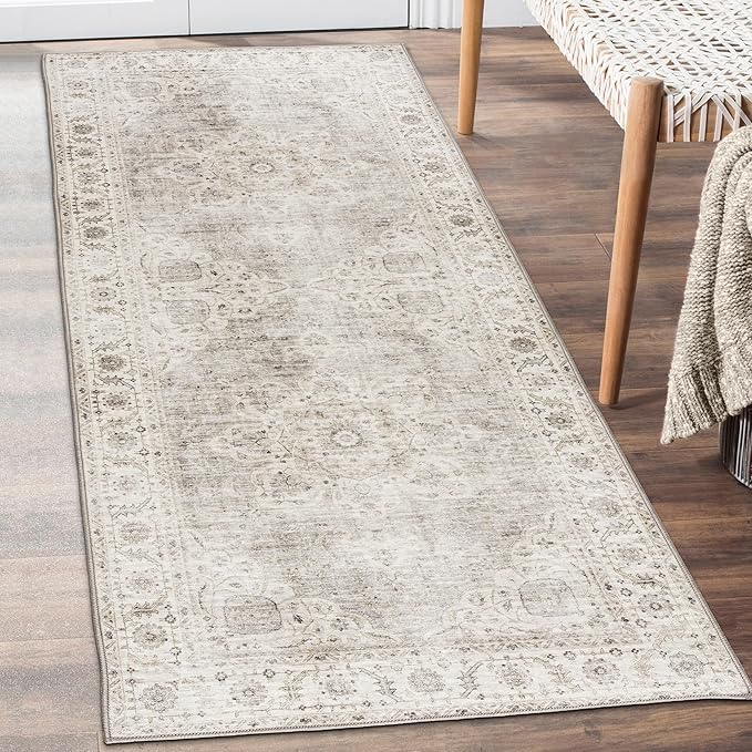 ReaLife Rugs Machine Washable Area Rug Runner - Living Room Bedroom Bathroom Kitchen Entryway Office - Padded Low Pile Stain Resistant Premium - Boho Farmhouse Vintage - Joy - Beige Ivory 2'6" x 8'