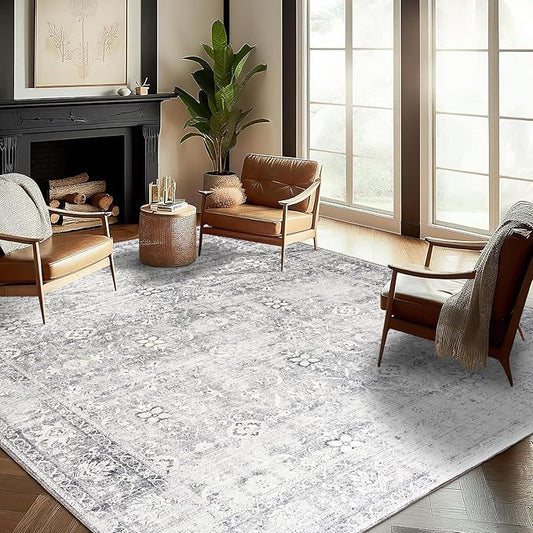 ReaLife Rugs Machine Washable Area Rug - Living Room Bedroom Bathroom Kitchen Entryway Office - Padded Low Pile Stain Resistant Premium - Boho Farmhouse Vintage - Noor - Silver Ivory 4' x 6'