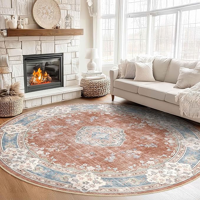 MUJOO Boho Round Rug 9ft,Circle Washable Area Rugs for Bedroom Living Room Bathroom, Vintage Distressed Non Slip Circular Carpet,Orange Navy Blue Floral