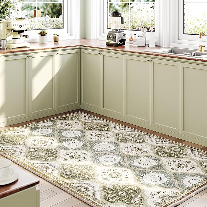 EnHomee Washable Area Rugs 4x6, Soft Area Rug for Living Room Bedroom, Boho Non Slip Low Pile Stain Resistant Washable Rug Large Carpet for Dining Room,Easy to Clean Living Room Rug, Green