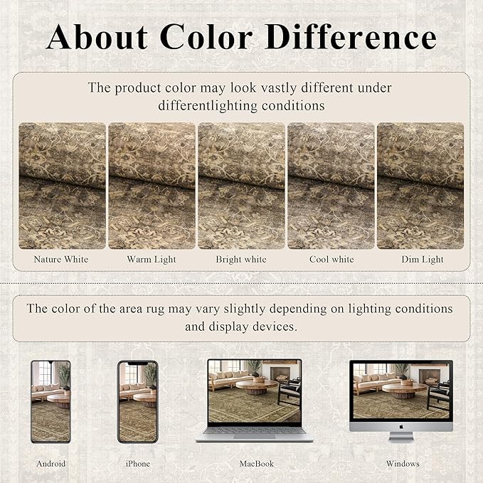 HelloTree Washable Rugs 5x7 Area Rug for Living Room, Vintage Boho Brown Rug Non Slip Carpet Retro Accent Indoor Mat Print Distressed Low Pile Throw Large Rug for Office Bedside-Brown