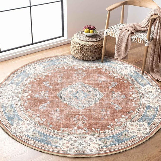MUJOO Boho Round Rug 4ft,Circle Washable Area Rugs for Bedroom Living Room Bathroom,Vintage Small Distressed Non Slip Circular Carpet,Orange Navy Blue Floral