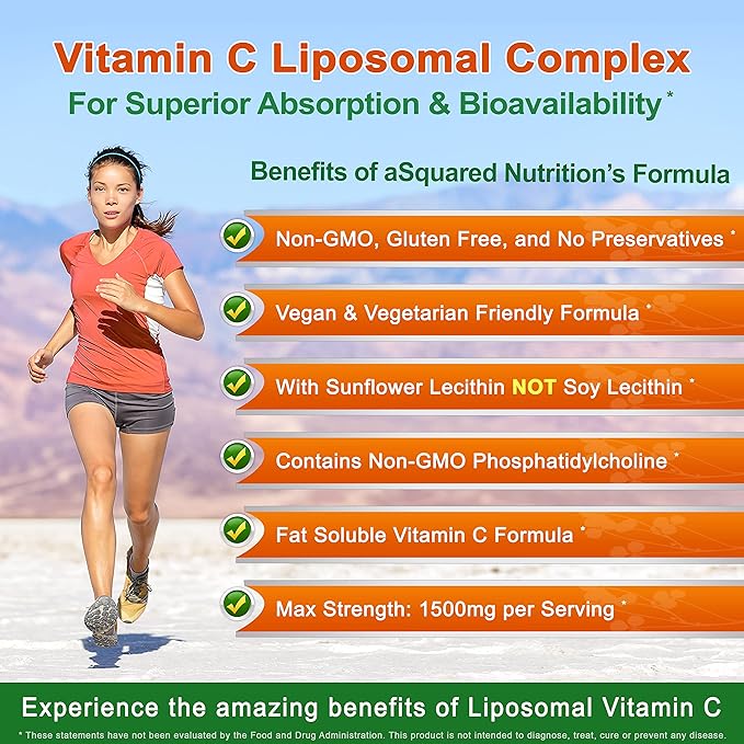 aSquared Nutrition Vitamin C Liposomal Complex - 1500mg Supplement - 180 Capsules - High Absorption VIT C Ascorbic Acid Pills - Supports Immune System & Collagen Health - 90 Servings