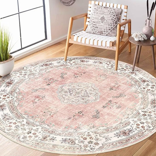 MUJOO Pink Round Rug 5ft,Circle Washable Area Rugs for Bedroom Living Room Bathroom,Boho Large Non Slip Circular Carpet,Blush Floral