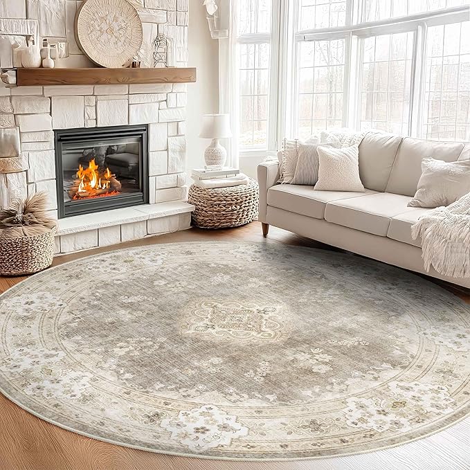 MUJOO Beige Round Rug 9ft,Large Circle Washable Area Rugs for Bedroom Living Room Bathroom,Boho Non Slip Circular Carpet,Floral
