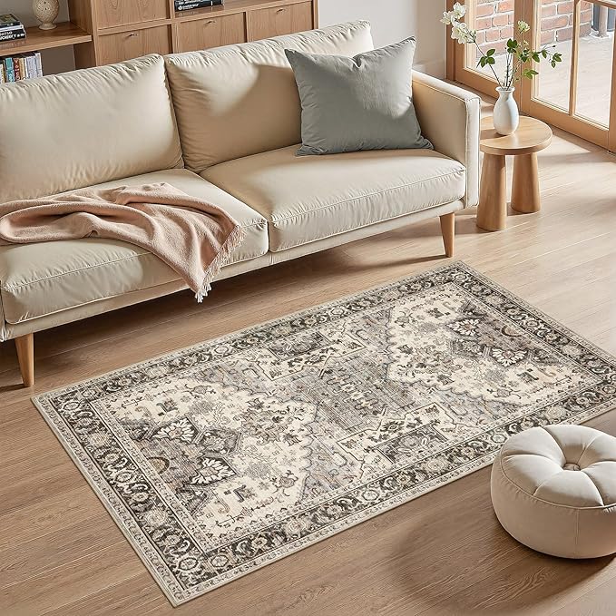 3x5 Washable Entryway Rug: Non-Slip Soft Vintage Floral Indoor Area Rug for Living Room Large Kitchen Entryway Bedroom Bedside, Door Mat Throw Carpet for Laundry Foyer Home Decor (Brown)