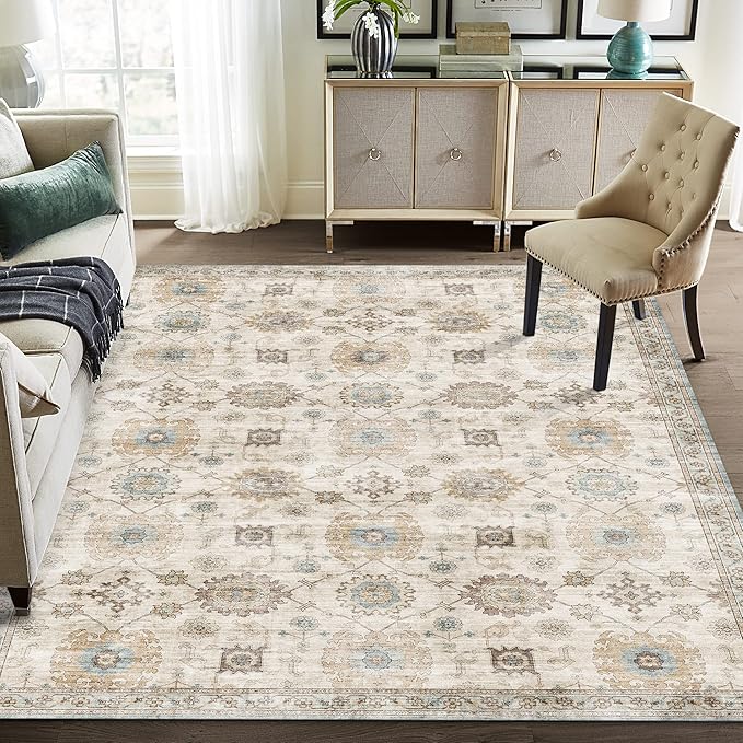 ReaLife Rugs Machine Washable Area Rug - Living Room Bedroom Bathroom Kitchen Entryway Office - Padded Low Pile Stain Resistant Premium - Boho Farmhouse Vintage - Bryn - Beige Seafoam 5' x 7'