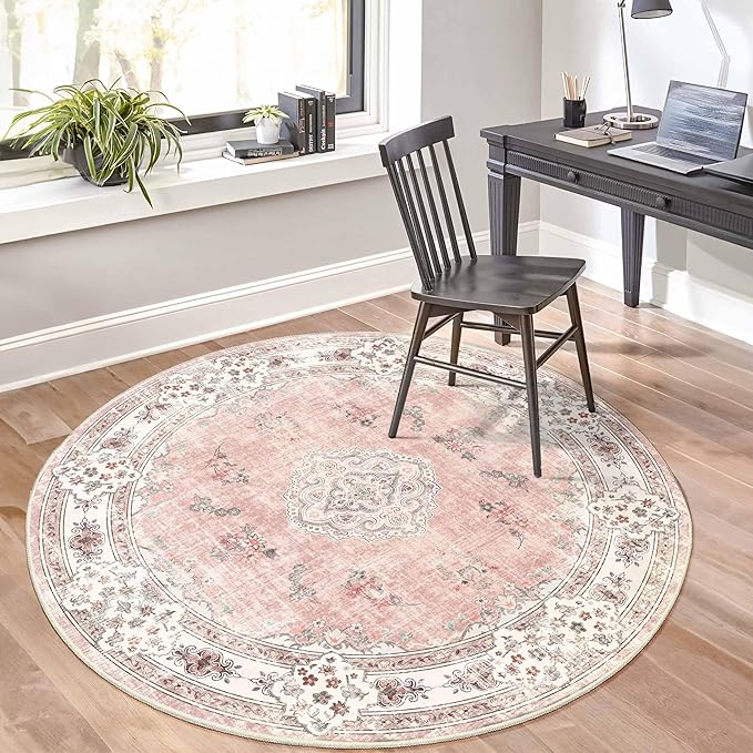 MUJOO Pink Round Rug 5ft,Circle Washable Area Rugs for Bedroom Living Room Bathroom,Boho Large Non Slip Circular Carpet,Blush Floral