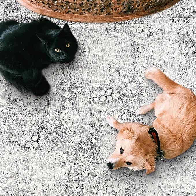 ReaLife Rugs Machine Washable Area Rug Runner - Living Room Bedroom Bathroom Kitchen Entryway Office - Padded Low Pile Stain Resistant Premium - Boho Farmhouse Vintage - Noor - Silver Ivory 2'6" x 6'