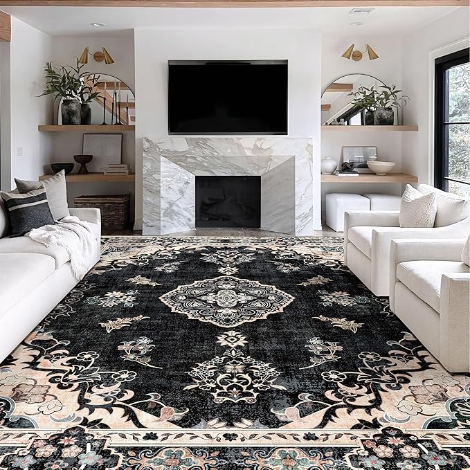 MUJOO 9’x12’ Area Rug Large Rugs for Living Room Bedroom Dining Room,Boho Washable Non Slip Bohemian Vintage Distressed Farmhouse Non Slip Big Carpet,Black Floral Flowers