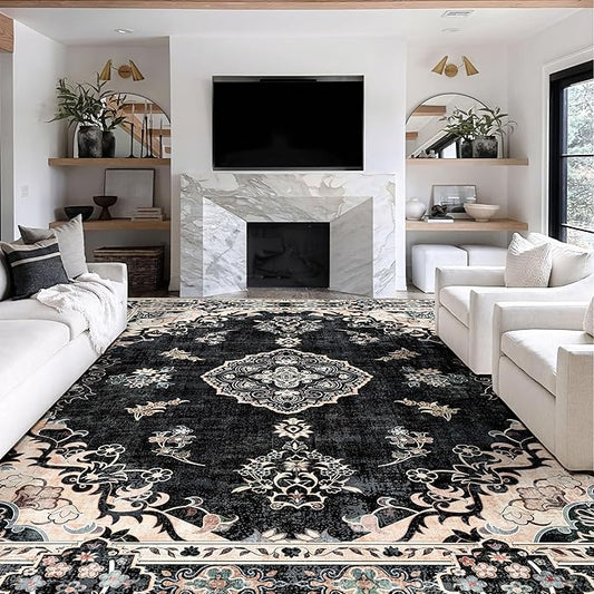 MUJOO 9’x12’ Area Rug Large Rugs for Living Room Bedroom Dining Room,Boho Washable Non Slip Bohemian Vintage Distressed Farmhouse Non Slip Big Carpet,Black Floral Flowers