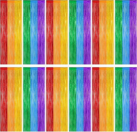 12 Pack Rainbow Backdrop, 3.28 FT x 7.05 FT Pride Decorations, Metallic Fringe Curtains Party Streamer Tinsel Backdrop, Rainbow Foil Curtains Birthday Party Decor Photo Booth Props