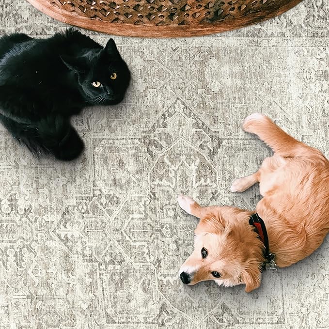 ReaLife Rugs Machine Washable Area Rug - Living Room Bedroom Bathroom Kitchen Entryway Office - Padded Low Pile Stain Resistant Premium - Boho Farmhouse Vintage - Lyle - Beige Ivory 5' x 7'