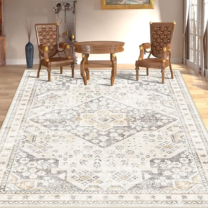 Area Rug 5x7, Washable Vintage Rug Traditional Mat, Distressed Indoor Foldable Thin Retro Accent Rug, Non Slip Carpet Living Room Dining Room Office(Beige Cream, 5x7)