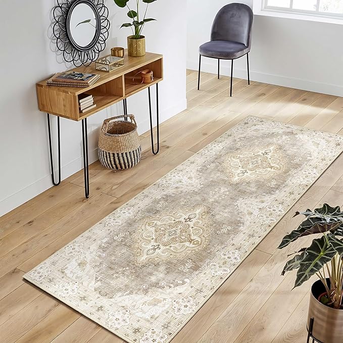MUJOO Beige Runner Rug 2'x6', Long Washable Rug Runners for Hallways Entryway Kitchen Bathroom Bedside,Boho Vintage Bohemian Distressed Farmhouse Non Slip Carpet,Floral
