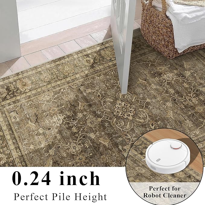 2.6x8 Runner Rug for Hallways Vintage Distressed Non Slip Long Carpet Floral Boho Distress Print Pattern Mat Lightweight Retro Accent Throw Carpet for Kitchen Bedroom Bedside Laundry Room-Brown ﻿