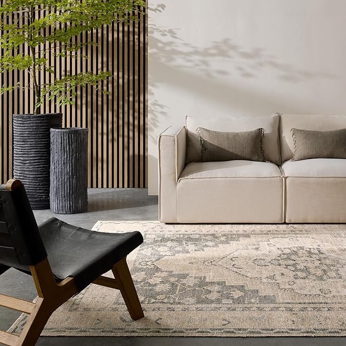 Jaipur Living Machine Washable, Vintage 9x12 Large Area Rug, Boho, Navy and Light Green, Living Room Rug, Bedroom Rug