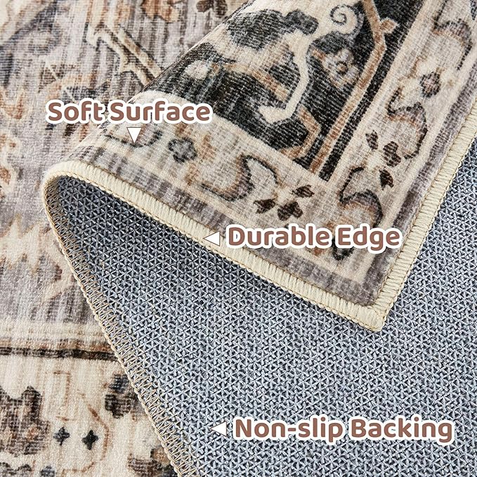 3x5 Washable Entryway Rug: Non-Slip Soft Vintage Floral Indoor Area Rug for Living Room Large Kitchen Entryway Bedroom Bedside, Door Mat Throw Carpet for Laundry Foyer Home Decor (Brown)