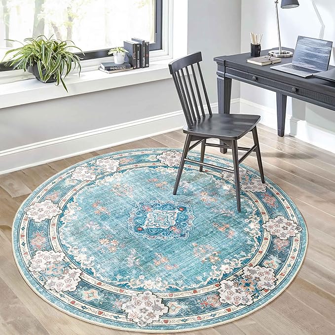 MUJOO Teal Round Rug 5ft,Circle Washable Area Rugs for Bedroom Living Room Bathroom,Boho Large Non Slip Circular Carpet,Floral
