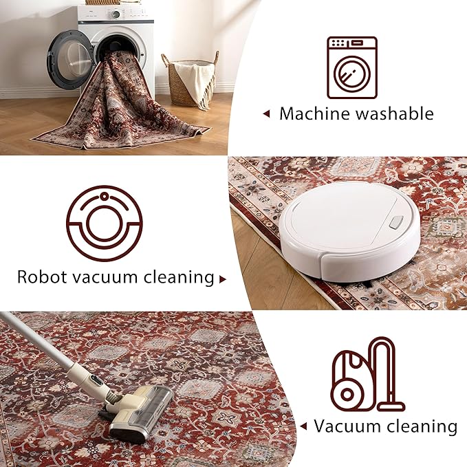 5X8 Area Rug,Washable Vintage Low Pile Rug for Living Room,Non-Slip Rug for Home Decor, Modern Indoor Carpet for Bedroom Dinning Room Office Nursery,Easy to Clean,Red