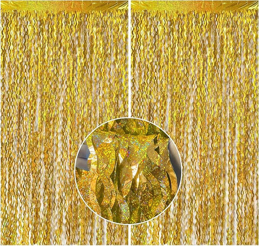 2 Pack Gold Fringe Curtain Backdrop Tinsel Streamers Birthday Party Decorations Photo Booth Backdrop Halloween New Year Graduation Theme Party Decorations