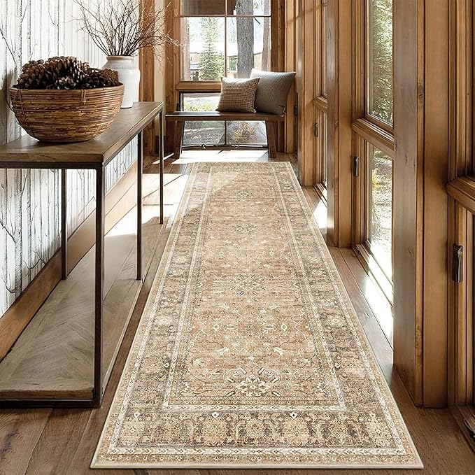 2x6 Runner Rug for Hallways Vintage Distressed Non Slip Long Carpet Floral Boho Distress Print Pattern Mat Lightweight Retro Accent Throw Carpet for Kitchen Bedroom Bedside Laundry Room-Khaki